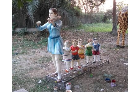 Fiberglass Garden Lady & Little Boy Sculpture